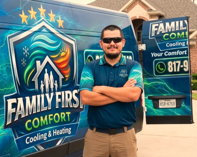 Family First Comfort owner Chris Garcia in front of the company service van