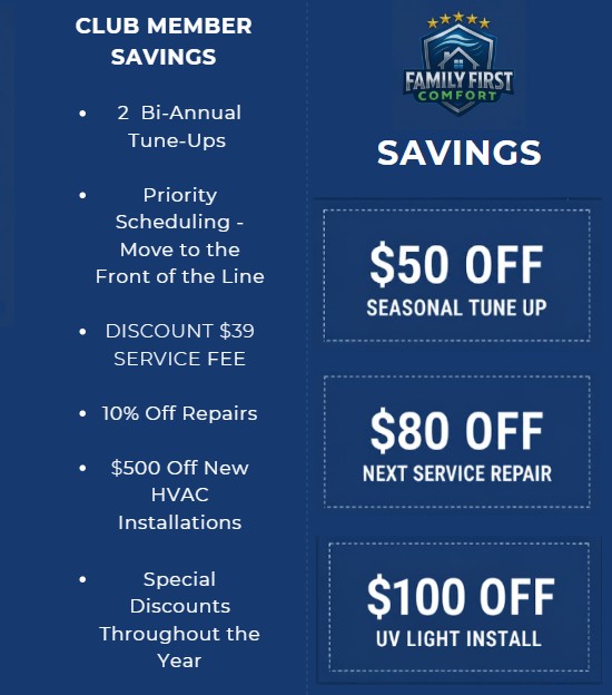 Family First Comfort Heating and Cooling maintenance Fort Worth Texas club membership savings